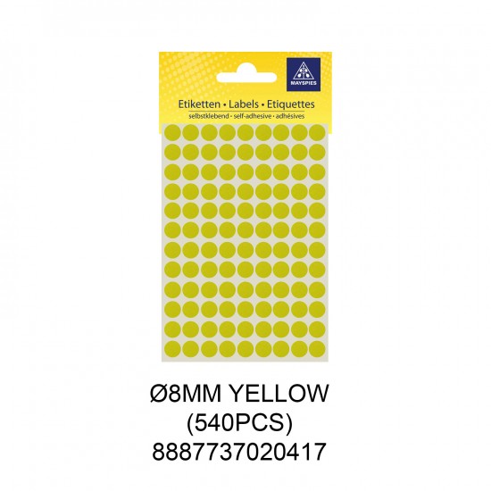 MAYSPIES MS008 COLOUR DOT LABEL / 5 SHEETS/PKT / 540PCS/ ROUND 8MM YELLOW